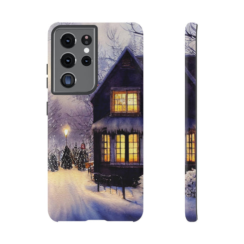 Glowing Homes in the Snow with Christmas Decorations - Impact Resistant Phone Case Samsung Galaxy S21 Ultra Matte